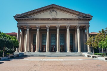 Grand Stone Entrance With Columns and Doors of a Historic Building in Autumn, A grand, symmetrical building with columns lining the entrance