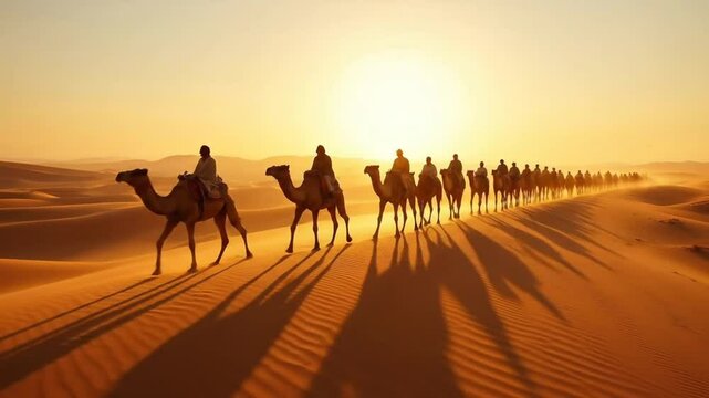 A majestic herd of camels moves in symmetry across desert dunes at sunset, casting long shadows.

