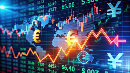 Financial market graph with currency symbols and fluctuating trends