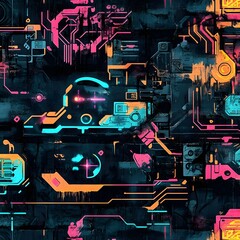 A seamless futuristic graffiti pattern combining urban street art with cyberpunk aesthetics, featuring glowing neon spray paint tags, holographic-style lettering, and sci-fi symbols. Circuit