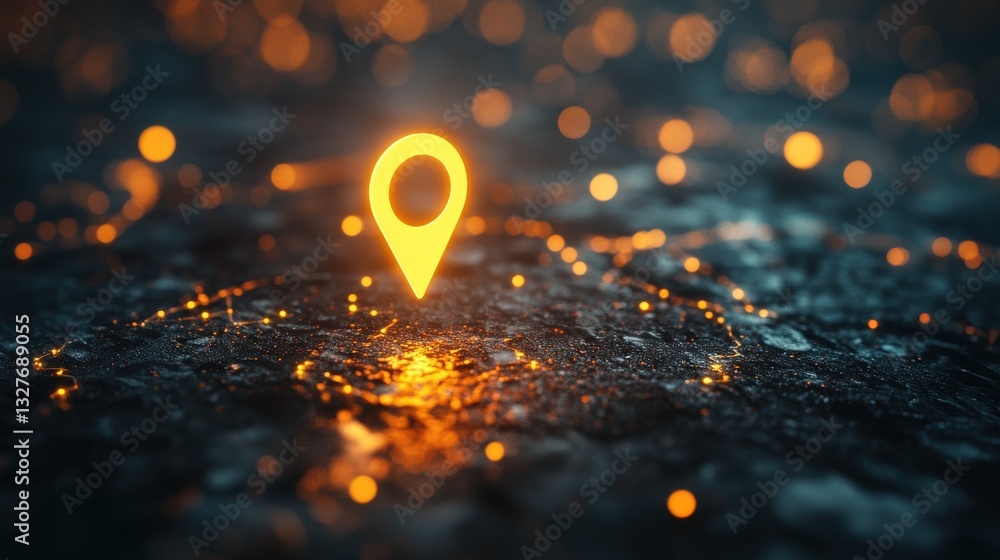 Aufkleber a glowing location pin is centered above a dark, textured surface filled with shimmering particles, 
