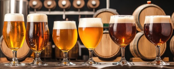Obraz premium NATIONAL BEER DAY style. Assorted beer glasses on a bar with wooden barrels in the background.