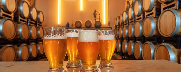 NATIONAL BEER DAY style. Craft beers in glasses with wooden barrels in the background.
