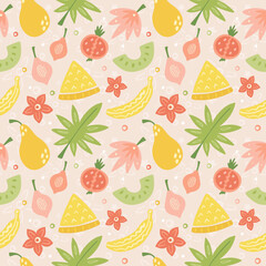 Fruits seamless pattern. Hand drawn doodle vector illustration. Vector design for textile and paper.	

