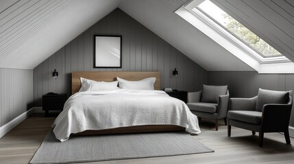 A Scandinavian-inspired attic bedroom with clean lines and natural light from a skylight