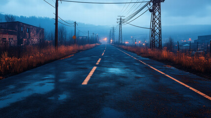 Obraz premium Mystical ghost town highway at dusk with power lines and abandoned buildings