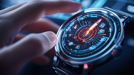 Futuristic Smartwatch Featuring Rocket Launch Icon for Progress Technology