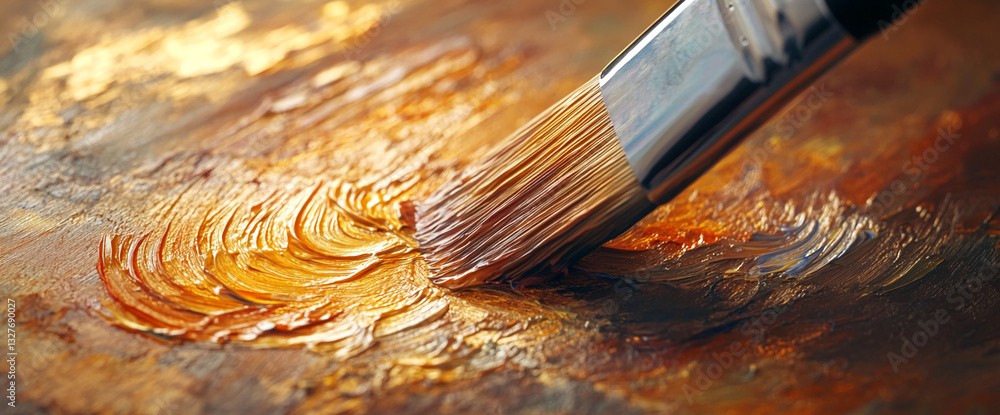 Poster Close-up of paintbrush applying golden-brown oil paint, creating textured strokes on canvas, showcasing artistic process and creation, ideal for art or design concepts