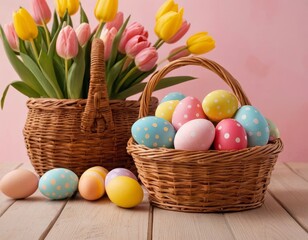 Fototapeta premium Pastel Perfection, Easter Eggs and Tulips in a Wicker Basket Delightful Spring Celebration