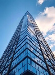  Low-angle photograph of a tall building with blue glass windows, against a blue sky background with clouds in the distance.