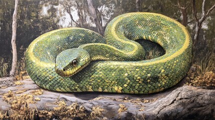 Green snake with gold accents in natural habitat