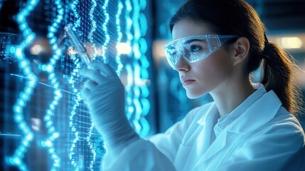 A young scientist in a high-tech laboratory analyzing DNA data on a digital screen