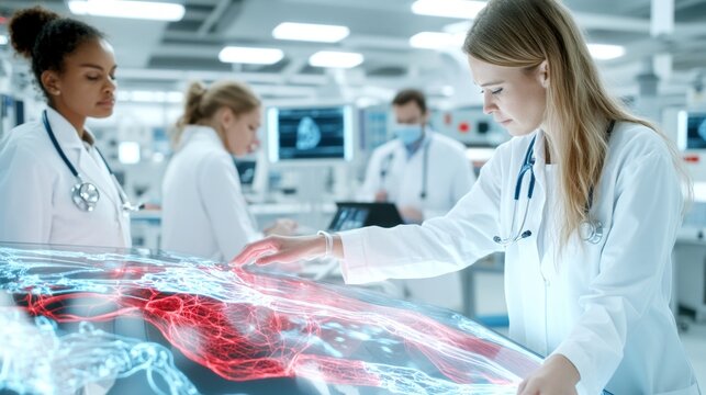 A team of medical professionals studying a 3D holographic human anatomy display