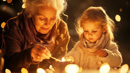 A loving grandmother and her granddaughter lighting candles together in a warm, cozy atmosphere