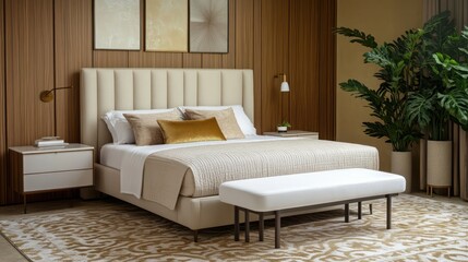 A serene and luxurious villa bedroom in beige and gold hues, designed with comfort and elegance in mind