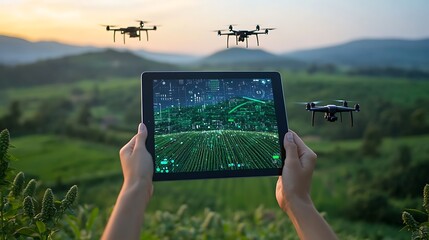 Controlling Drones Over Agricultural Field with Tablet, A person uses a tablet to control drones flying over a lush green agricultural field with mountains in the background