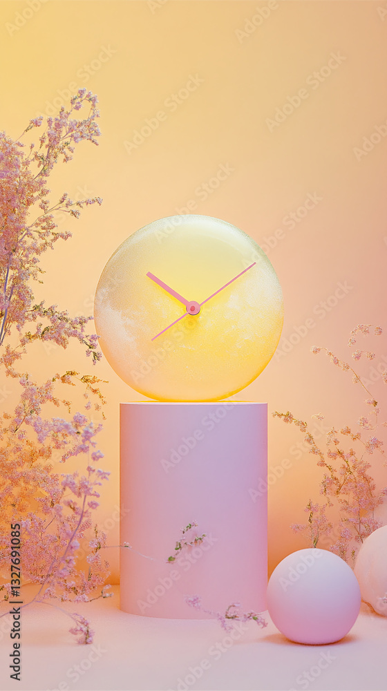 Aufkleber pastel pink scene with clock on pedestal, surrounded by delicate flowers, creating a calm and serene