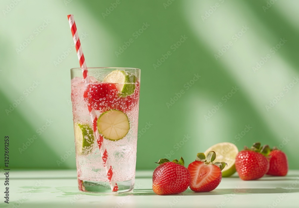 Poster refreshing strawberry lime drink with sparkling bubbles and colorful straw