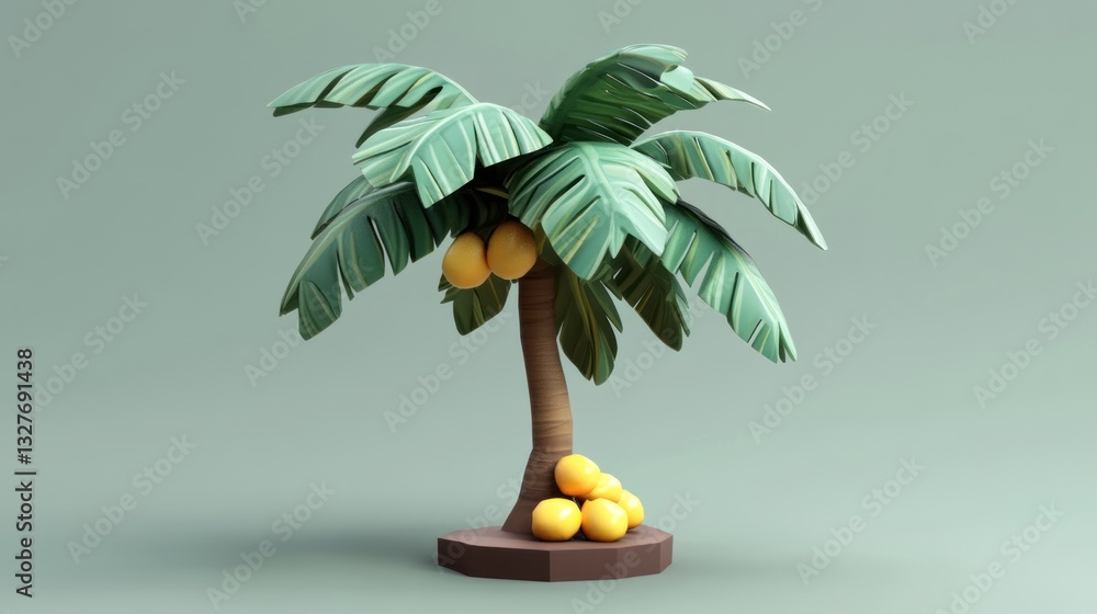 Poster stylized palm tree with coconuts on a base ideal for tropical and summer themes