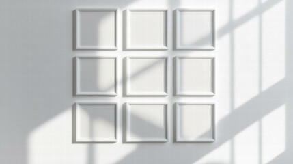 Minimalist interior art design with nine white frames in grid arrangement