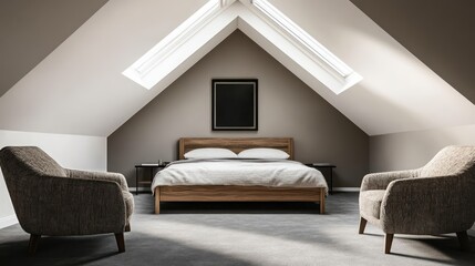 A serene attic bedroom with a slanted ceiling and skylight that lets in the soft glow of sunrise