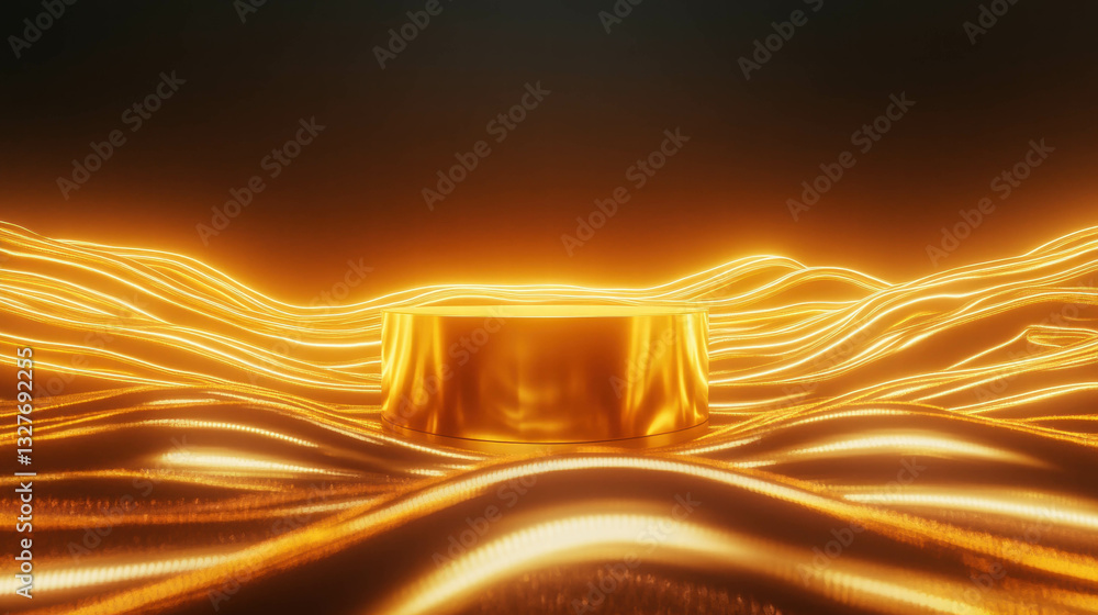 Poster futuristic gold podium with glowing neon outlines for event design and display concepts