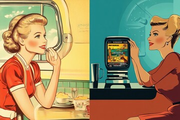 Nostalgic comparison of 1950s hand-drawn advertisements with modern digital interactive advertising in Saint Petersburg Generative AI