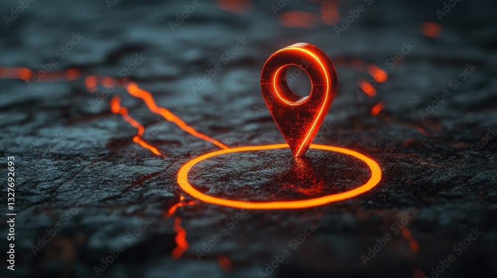 Poster a red 3d location pin sits at the intersection of glowing orange lines on a dark, textured surface, 