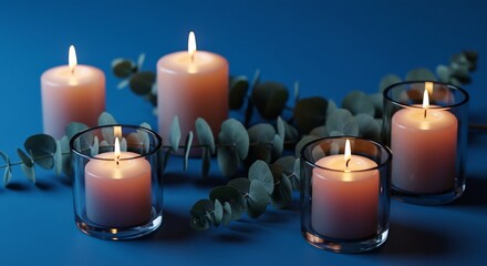 深みのある青背景、柔らかなキャンドル光、静寂な空間