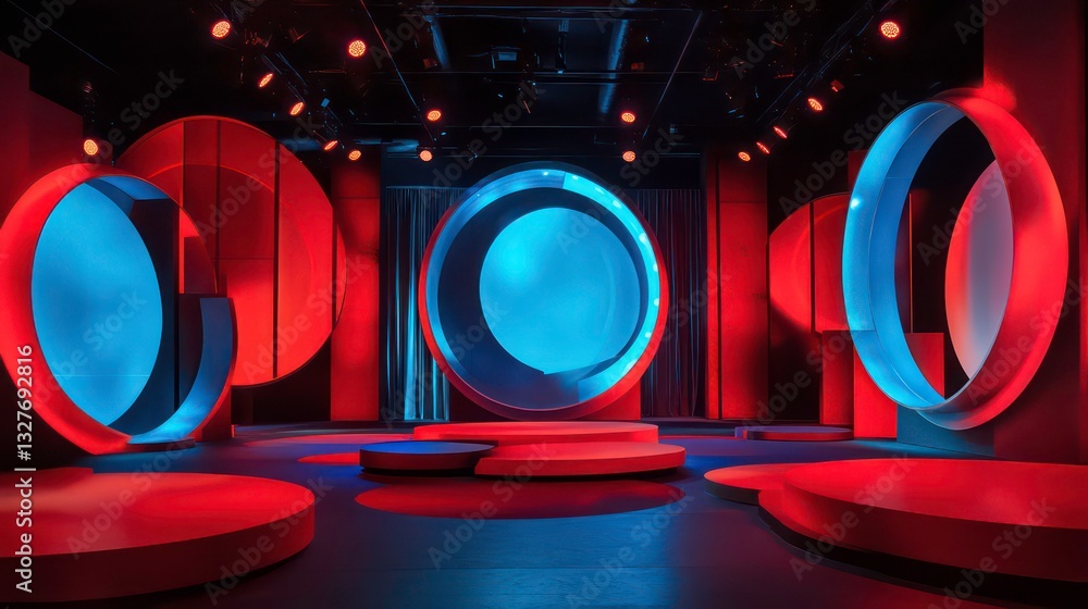 Poster modern stage setup with red and blue circular design elements