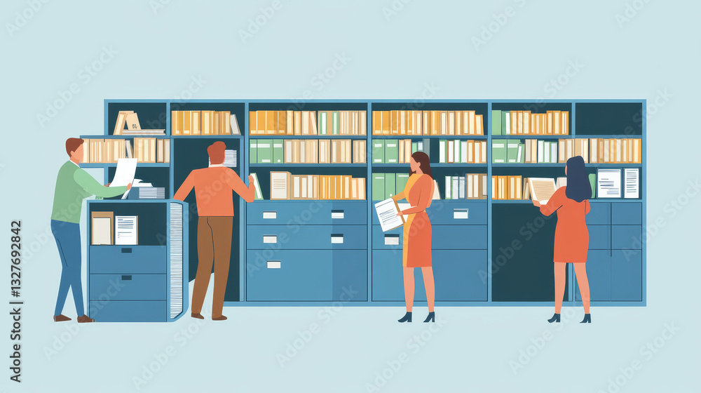 Poster data information storage, vector illustration, flat tiny man woman character worker with document fi