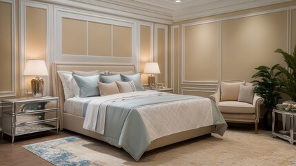 A serene luxury bedroom with beige wall paneling and white ceiling trim, highlighted by a plush bed adorned with ivory and pale blue bedding