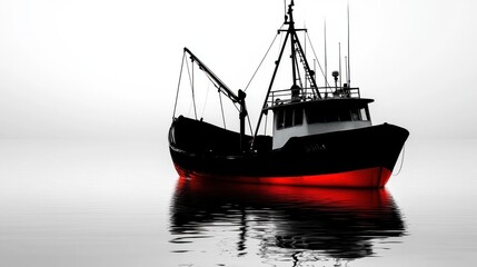 Naklejka premium Black silhouette of fishing boat with red bottom on water.