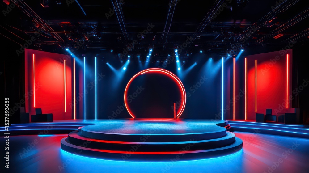 Poster modern stage setup with red and blue circular design elements