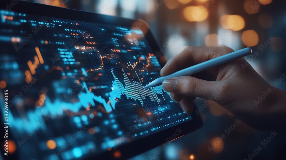Poster analyzing financial data on tablet with stylus, a person using a tablet with a stylus to analyze fin