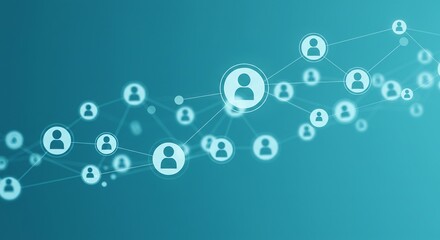 青色背景、繋がる人々、穏やかな光のネットワーク図