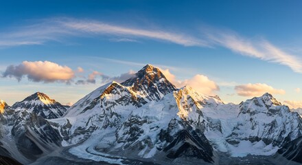 雄大な雪山、夕焼け空に輝く