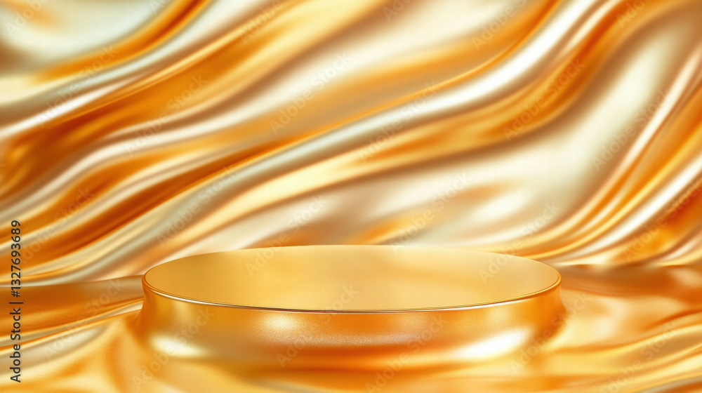 Poster elegant gold podium with smooth curved surface on luxurious satin background for design and display