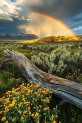 Obraz premium A vibrant rainbow arcs over a serene landscape with wildflowers, a weathered log, and distant mountains under a dramatic sky.