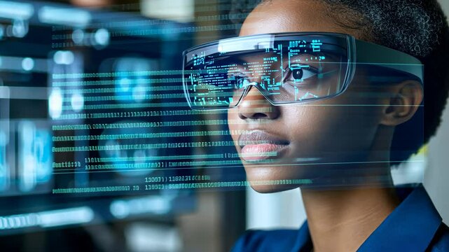 Innovative technology use in a modern workspace with augmented reality glasses enhancing data visualization