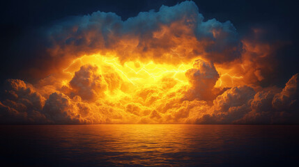 Fototapeta premium Dreamy nightscape with luminous yellow clouds over ocean