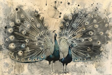 Watercolor and ink sketches of a peacock mating ritual, A series of sketches illustrating the mating rituals of peacocks