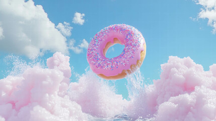 Surreal doughnut emerging from cloudy ocean in dreamlike sky