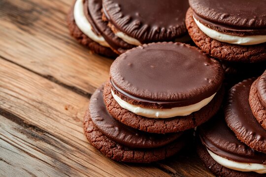 A tempting stack of chocolate sandwich cookies rests on a rustic wooden table, showcasing rich chocolate coating and creamy filling. Perfect for a sweet treat or dessert