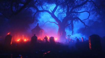 Fototapeta premium Eerie nighttime graveyard with fog and gnarled trees for halloween scenes