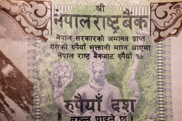 A macro shot of a Nepalese 10 Rupee banknote showcasing a detailed engraving of a blackbuck antelope against a green background. The note highlights Nepal's wildlife and intricate design.