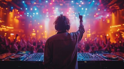 DJ energizes the crowd with vibrant beats under colorful club lights