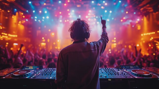 DJ energizes the crowd with vibrant beats under colorful club lights