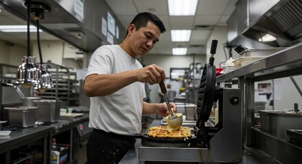 Fototapeta premium 厨房で真剣な表情で調理するシェフ 温かい光が包む静かな空間