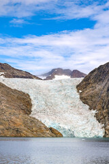 Scenic landscape view of a glacier in a fjord in Prince Christian Sound in Greenland
